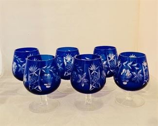 $100 - Six Blue Cut to Clear Crystal Glasses, 4.75" H x 3" W,  5 in excellent condition and one with a tiny chip