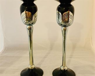 $80 - Pair of Black and Silver Blown Glass Candlesticks, 10.5" H x 3" diameter 