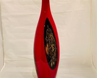 $75 - Favrile by Dale Tiffany Red and Metallic  Art Glass Vase, 16" H x 5" diameter