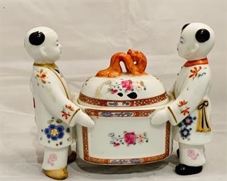 $60 - Neiman Marcus Porcelain Box with Lid; 6" H x 3" D x 7" W, has a well-repaired crack 