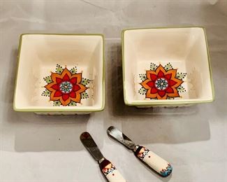 $20 -  Set of Vida Eva Mendes Catalina Handpainted Square Bowls (3" H x 5.5" x 5.5") and Two Cheese Knives 