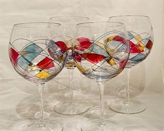 $40 - Set of Four Wire and Handtinted Red Wine Glasses, each is 9" H x 4" diameter