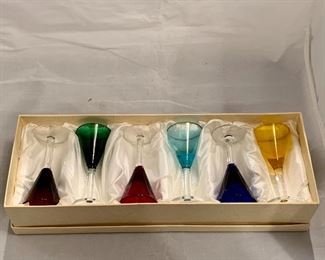 $30 - Boxed Set of Six Colored Cordials, each is 4.25" H x 2"