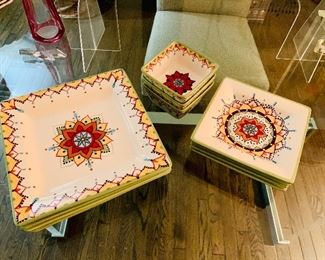 $60 LOT; Vida Eva Mendes for Espana Catalina Hand painted dinnerware.  Dishwasher & Microwave Safe; 4 Dinner Plates approx 11” square;  4 Salad Plates approx 8” square; 3 Bowls approx 5”square; 11 pieces total