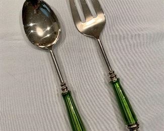 $45; Pair green enameled handled salad server set; Fork and Spoon each approx 12” H.