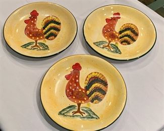 $30; Set of 3 ceramic rooster plates; Style-Eyes by Baum Bros; Approx 10.5” diameter