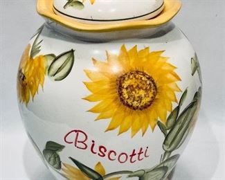 $30; Ceramic Sunflower Biscotti Jar with Lid; 14” H