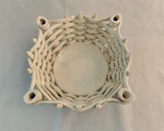 $24; White woven ceramic basket; Made in Spain;  approx 4” H x 8”D