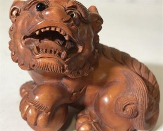 Pair Signed Asian Carved Wooden Foo Dogs