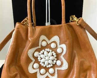 PULICATI Brown Leather Artisanal Bead Handbag