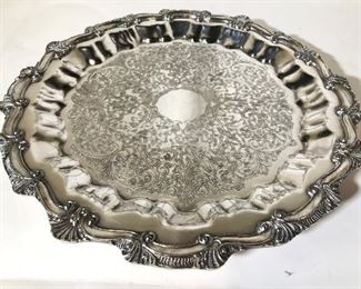 Silver On Copper Footed Etched Serving Dish