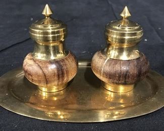Pair Brass & Wood Salt & Pepper Shakers