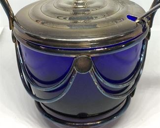 Vintage COBALT BLUE Glass Vessel in Metal Holder