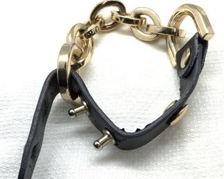 Leather and Gold Tn Link Chain Bracelet, Jewelry