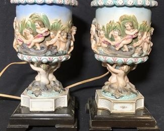 Pair Victorian Style Cupid Relief Ceramic Lamps