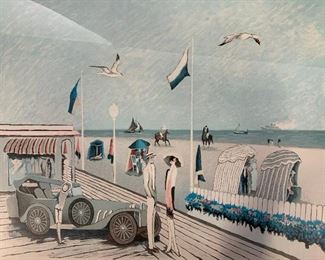 Signed Beach Scene Lithograph Artwork