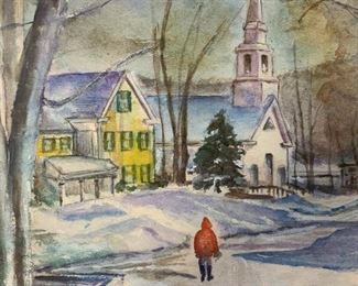 Signed Watercolor Painting, Winter Scene