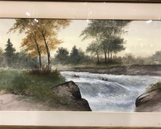 F. MARTIN signed Watercolor Landscape with River