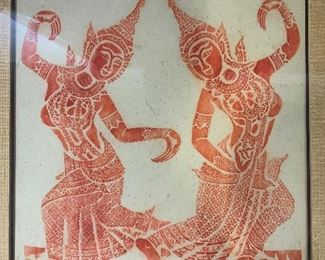 Framed Thai Temple Rubbing, Two Dancers