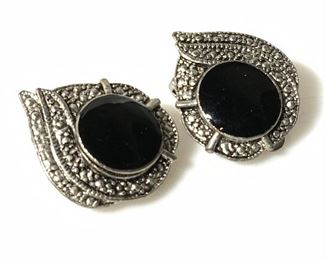 Marcasite & Enamel Art Nouveau Clip On Earrings