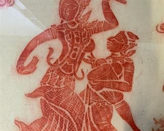 Framed Thai Temple Rubbing, Dancer & Musician