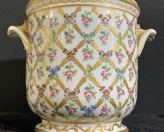 Signed Gilt and Floral Porcelain Cachepot