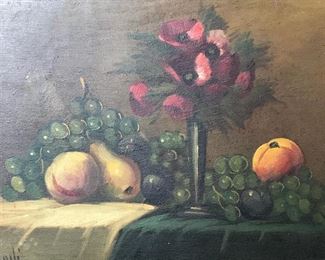 Signed Floral and Fruit Still Life Painting