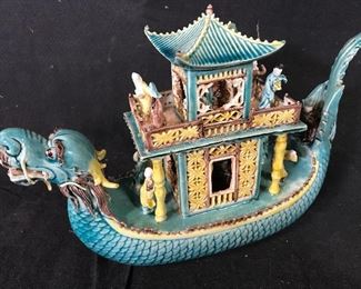 Hand Painted Asian Ceramic Boat Figural