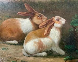 THOMAS HALL Signed Oil Painting, Two Rabbits