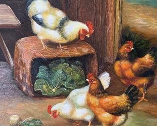 Oil Painting, Chickens in Interior Artwork