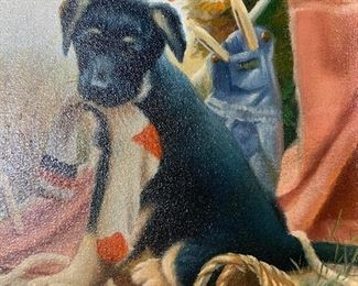 BYRON Signed Oil Painting, Puppy Artwork
