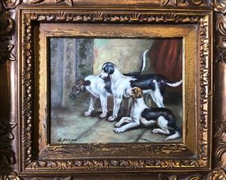 Signed Oil on Board Painting of Dogs