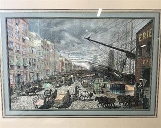 Engraving Artwork Victorian Style Waterside Town