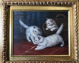 Signed Oil on Canvas Painting of Cats