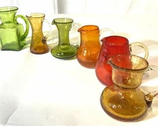 Lot 6 HANDMADE COLORED CRACKLE Art Glass Vessels