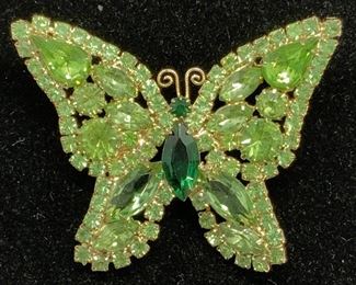 BUTTERFLY GREEN RHINESTONE COSTUME BROOCH