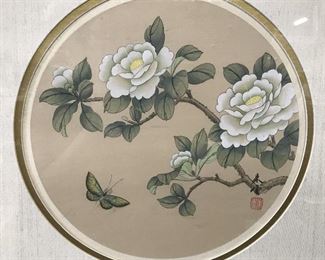 Pair Asian Watercolor Paintings on Fabric