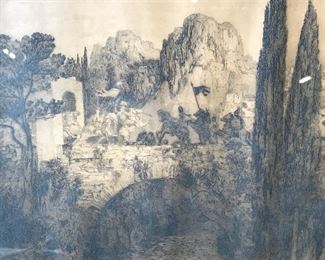 Signed German Etching of Bridge in Wooded Area