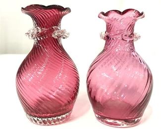 Pair Handblown Cranberry Art Glass Vases