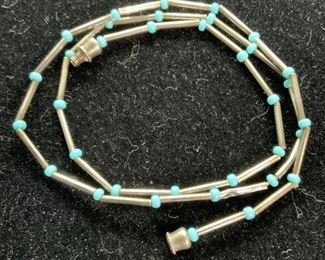 Silver Tone & Seed Turquoise Bead Fashion Necklace