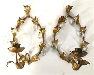 Pair Gold Leaf Metal Wall Mount Sconces