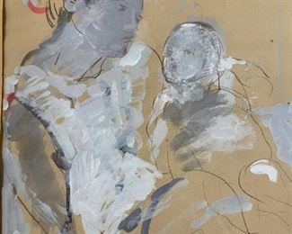 Signed Gouache Painting, Mother & Child
