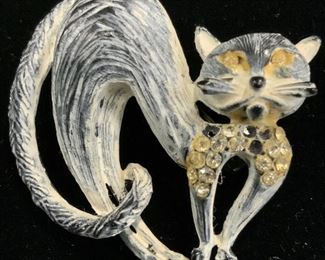 Painted Vin. Metal Rhinestone Cat Brooch, Jewelry