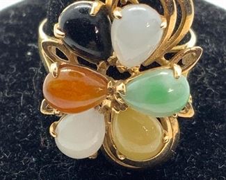 Luxury 14 KT Gold Multi Color JADE Ring, jewelry