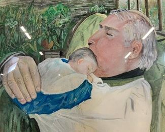 ZION YAKAR Signed Watercolor Painting, Man & Baby