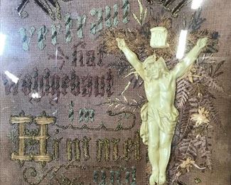 Framed Embroidered Christian Linen & Ornaments