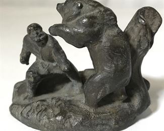 Signed Vintage Bronze Bear & Hunter Figural