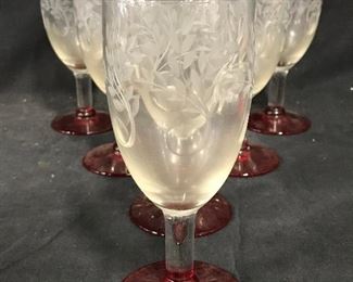 Set 7 Frosted Art Glass Goblets Stemware
