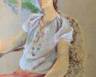 Signed Pastel Drawing, Seated Woman