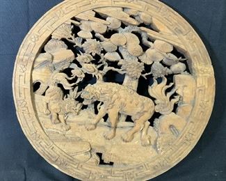 Chinese Wooden Relief Panel with Lions